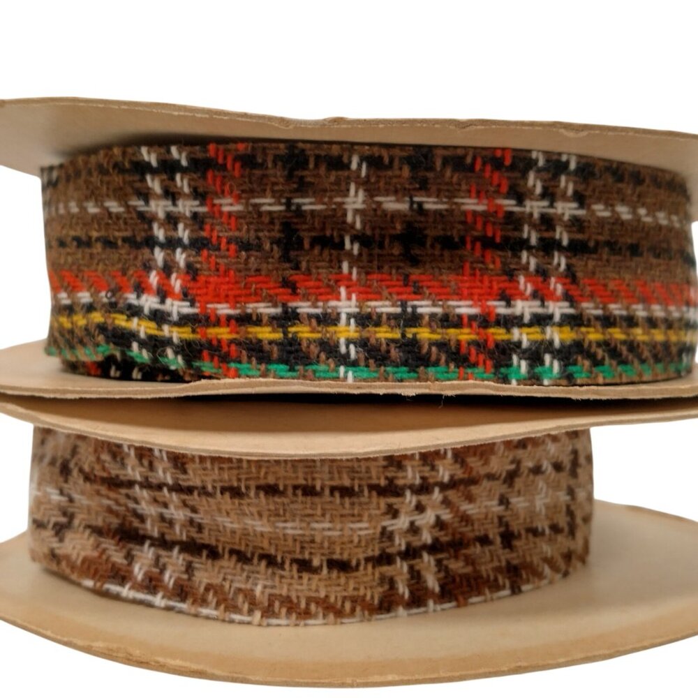 Vintage Ribbon Spool Pair Scotty Plaid Weather Proof Decorator Woven 1970s 1 3/8